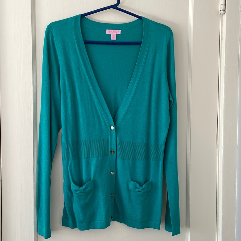 Lilly Pulitzer Teal Cardigan Bow details